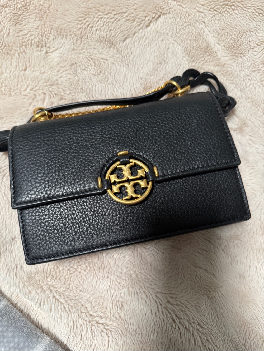 Tory Burch Black Pebbled Leather Crossbody with Gold Logo
